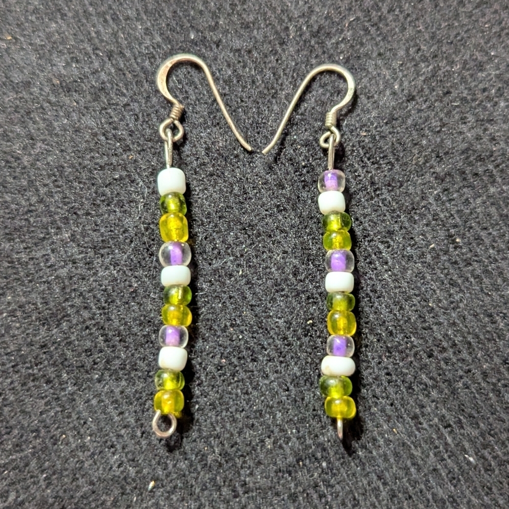 Silver Tone White Yellow Purple Green Beaded Drop Statement Earrings